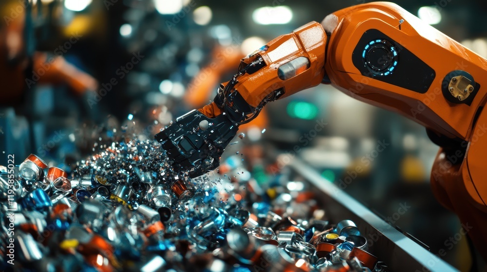 Poster closeup of an automated robotic arm picking up recyclable aluminum cans and placing them into a grin