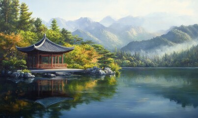 Fototapeta premium Serene Pavilion Lakeside Mountain View Landscape Painting