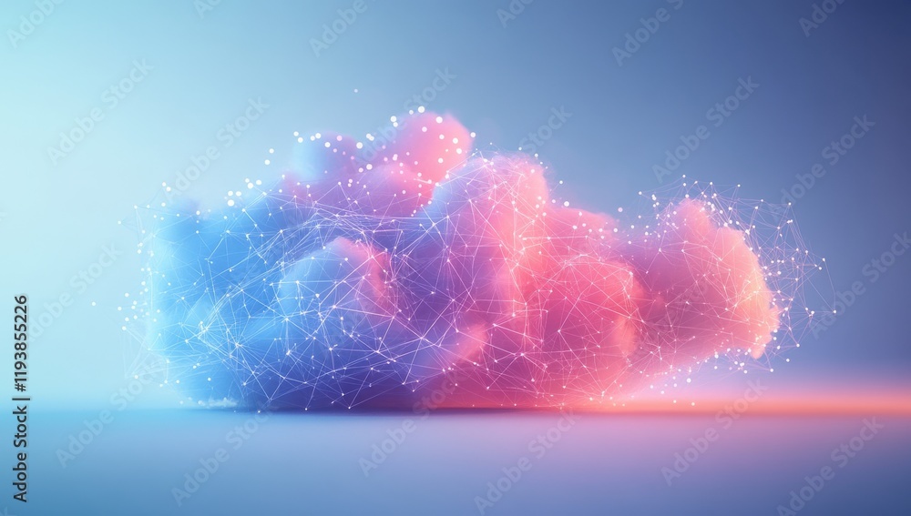 Poster abstract representation of a colorful cloud composed of luminous particles and geometric shapes, sym