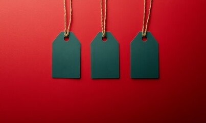 Three Green Price Tags Hanging on Red Background