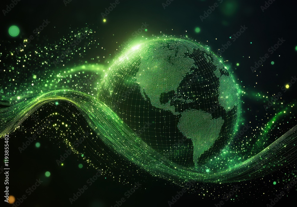 Poster abstract representation of a digital earth with green lights, data points, and waves illustrating gl