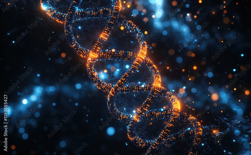 Poster abstract representation of a dna double helix with glowing particles and vibrant light effects, symb