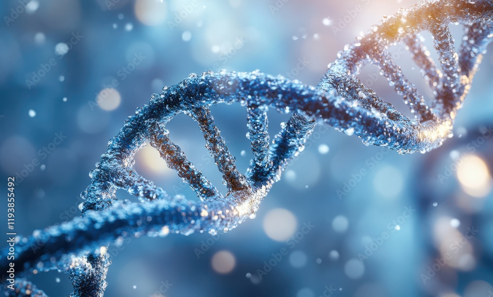 Poster abstract representation of a dna double helix with shimmering particles and light highlights, symbol