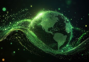 Obraz premium Abstract Representation of a Digital Earth with Green Lights, Data Points, and Waves Illustrating Global Connectivity and Technology Innovation