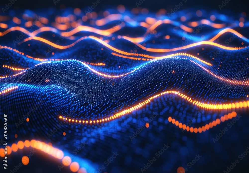 Poster abstract 3d data visualization of flowing blue and orange waves representing technology and innovati