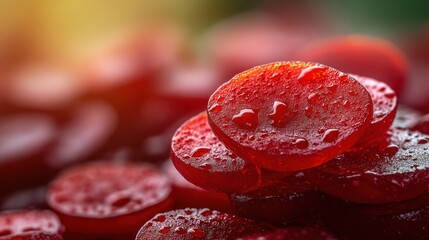 Fototapeta premium Close-Up View of Shiny Red Candy with Water Drops, Displaying a Vivid and Colorful Arrangement of Sweet Treats, Perfect for Food Photography and Product Promotion