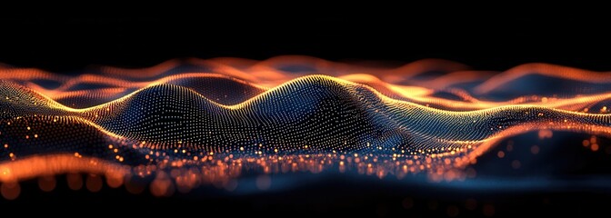 Fototapeta premium Abstract 3D Representation of Colorful Waves with Bubbles, Golden and Blue Light on a Dark Background, Concept of Technology and Digital Art