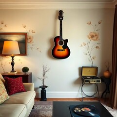 Living Room Decor Features Acoustic Guitar and Record Player