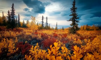 Tundra landscape with golden autumn colors and trees, landscape photography, Arctic environment