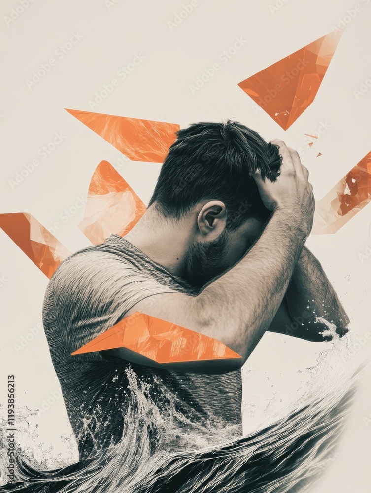 Leinwandbilder Individual expressing distress while surrounded by abstract waves and sharp geometric shapes representing pain. Generative AI
