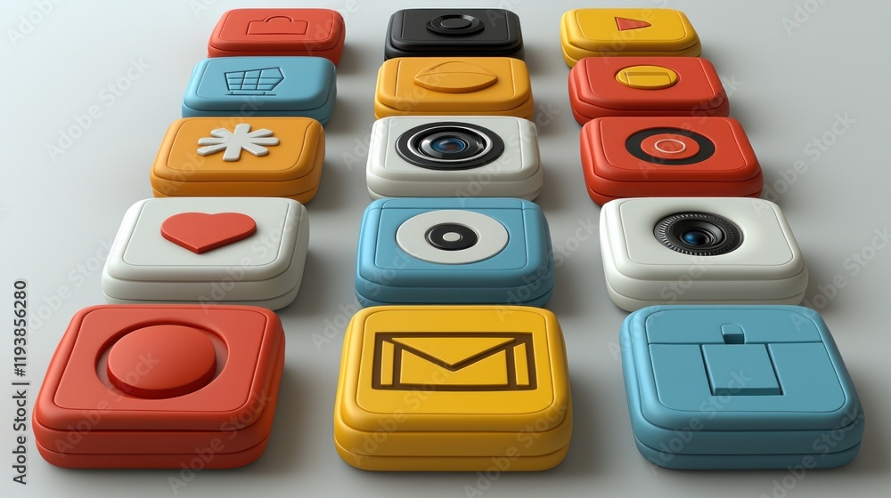 Poster colorful app icons: a 3d render of square application buttons