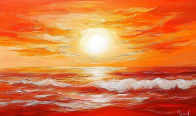 Un cielo naranja y rojo con olas suaves en la orilla, calm sea, serene landscape, warm sunset