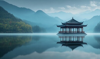 Fototapeta premium Serene Pavilion Reflecting On Calm Water Amidst Mountains