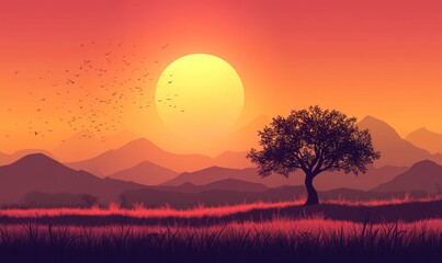 Serene Sunset Landscape With Solitary Tree Silhouette