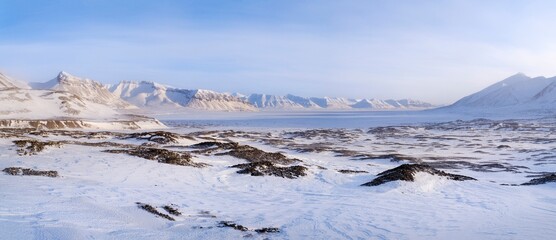 Winter landscape in Horbyedalen in Billefjorden on the island Spitsbergen in the Svalbard...