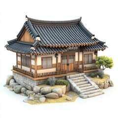 3D Render of a Traditional Korean Hanok House: Architectural Design and Landscape