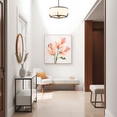 Modern minimalist hallway interior design with floral art