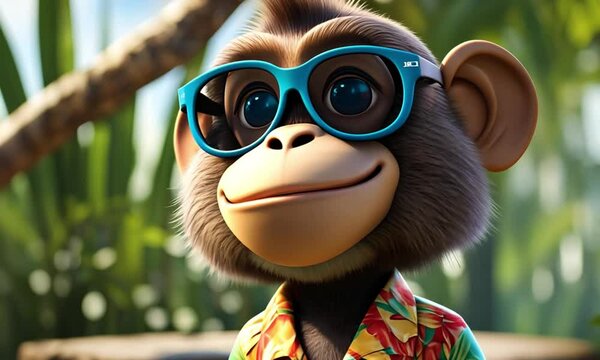 3d cheerful monkey cartoon character mascot digital art wearing a tropical shirt and sunglasses in a lively jungle