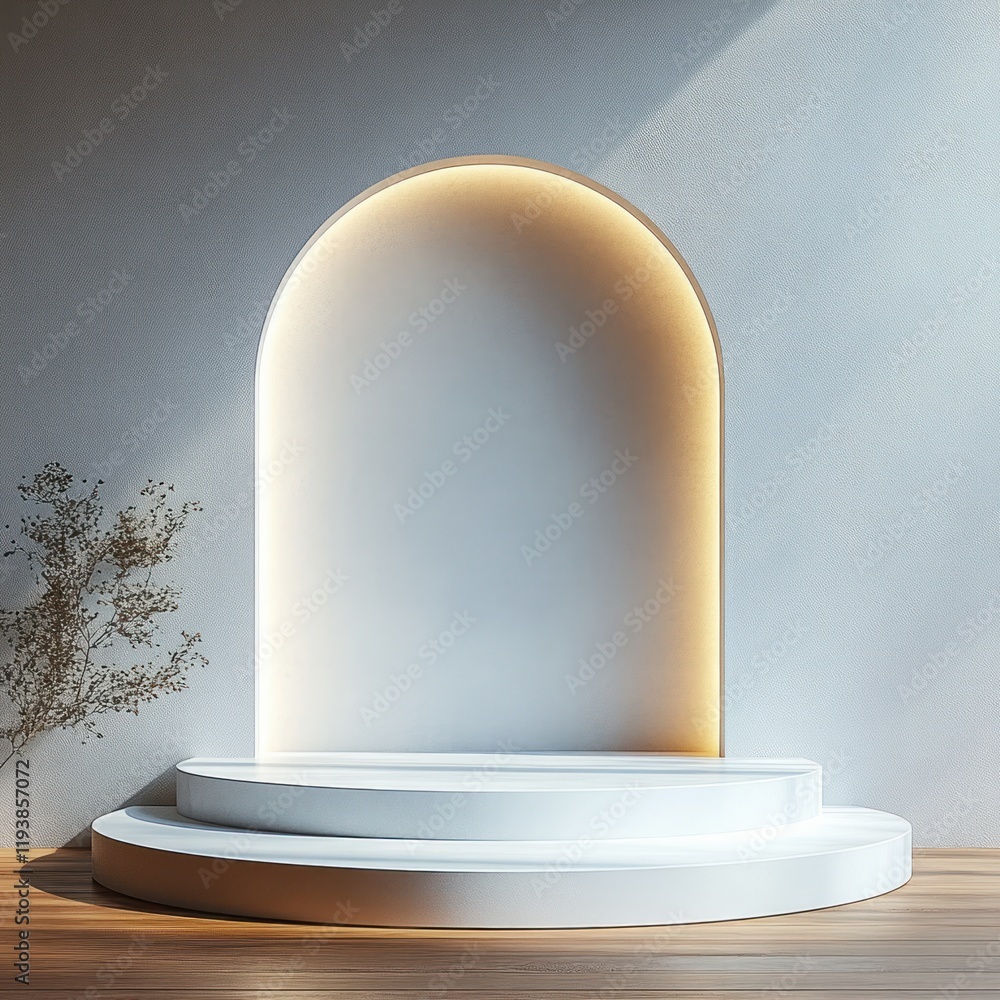 Poster minimalist arch podium for product display with soft lighting and high contrast shadows