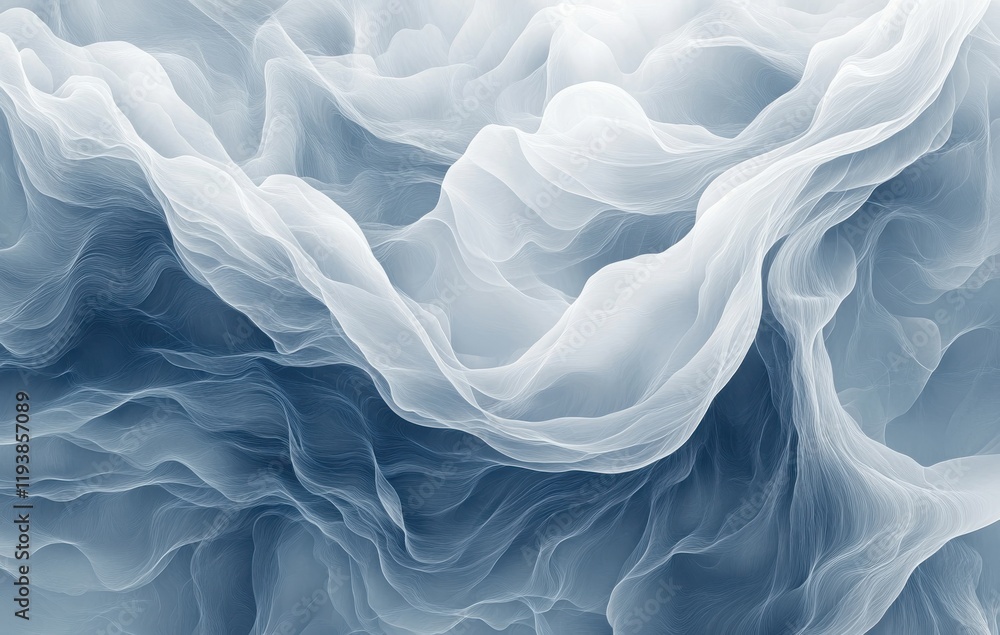 Poster abstract blue and white fluid waves with soft curves and textures illustrating ethereal movement and