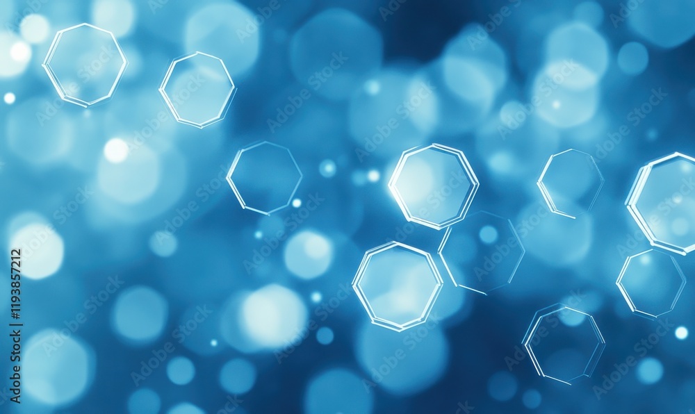 Poster abstract blue background with glowing hexagons and soft bokeh effect, perfect for technology, scienc