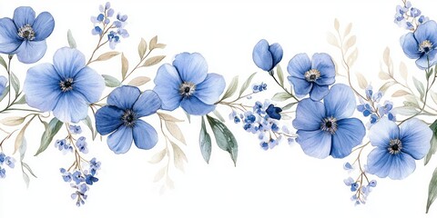 Blue Flowers Watercolor Cascading Illustration with Green Leaves and Soft Sunlight for Botanical Art and Wedding Stationery