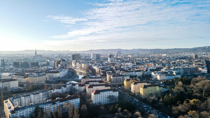Aerial Drone Photo - Sunrise over St. Stephens Cathedral. Vienna, Austria