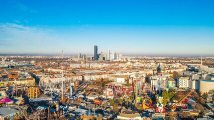 Aerial Drone Photo - Sunrise over St. Stephens Cathedral. Vienna, Austria, Prater park in Vienna