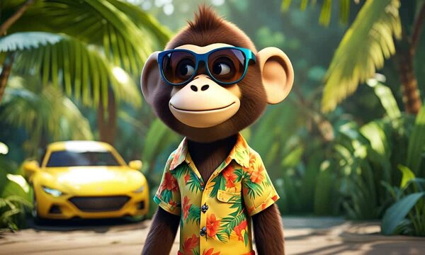 3d cheerful monkey cartoon character mascot digital art wearing a tropical shirt and sunglasses in a lively jungle
