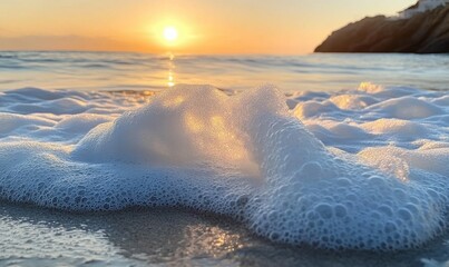Ocean wave crests with foamy tips breaking on the shore at sunrise, seafoam, blue