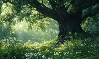 Obraz premium Overgrown undergrowth of wildflowers and ferns around a centuries-old oak tree, nature reserve, woodland
