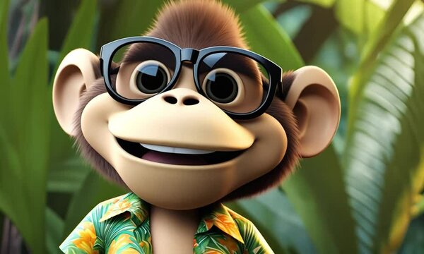 3d cheerful monkey cartoon character mascot digital art wearing a tropical shirt and sunglasses in a lively jungle