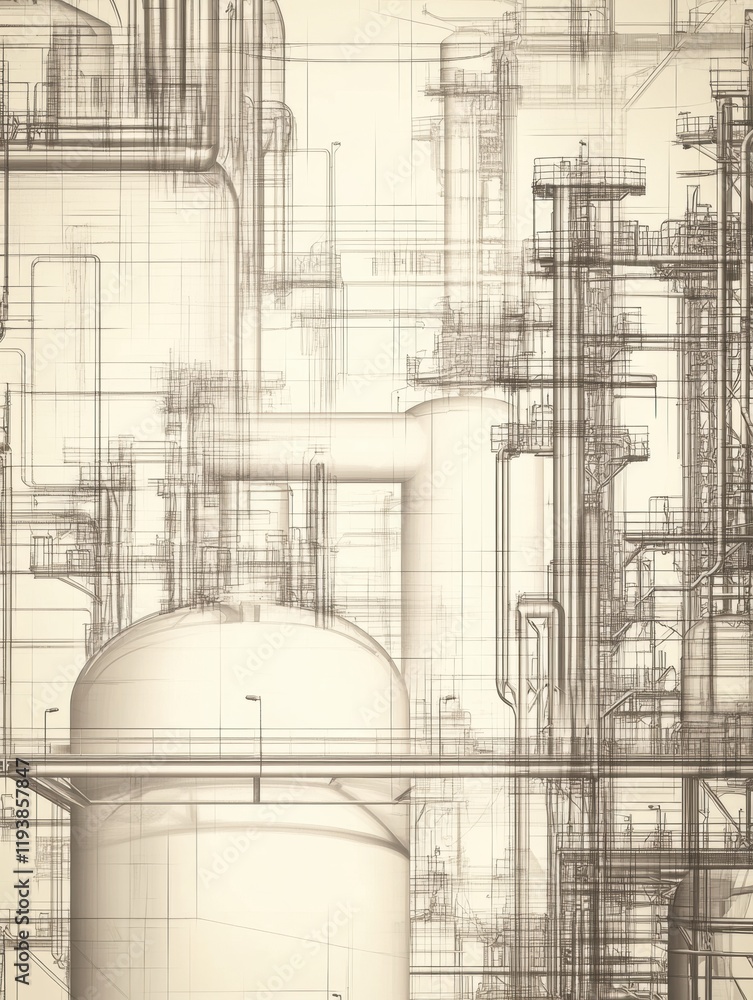 Poster Geometric industrial pattern featuring oil tanks, pipes, and rigs in an intricate layout of energy infrastructure. Generative AI