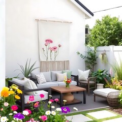 Serene Patio Garden With Floral Wall Hanging Decor