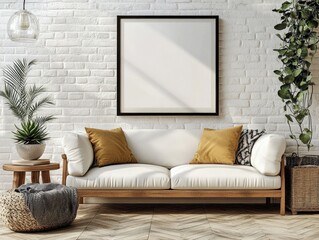 Cozy Scandinavian Interior Scene with Modern Sofa Wooden Side Table and Succulents