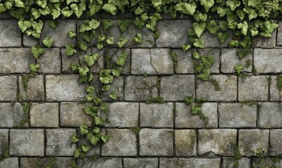 Weathered limestone brick wall with ivy growth, mossy, outdoor