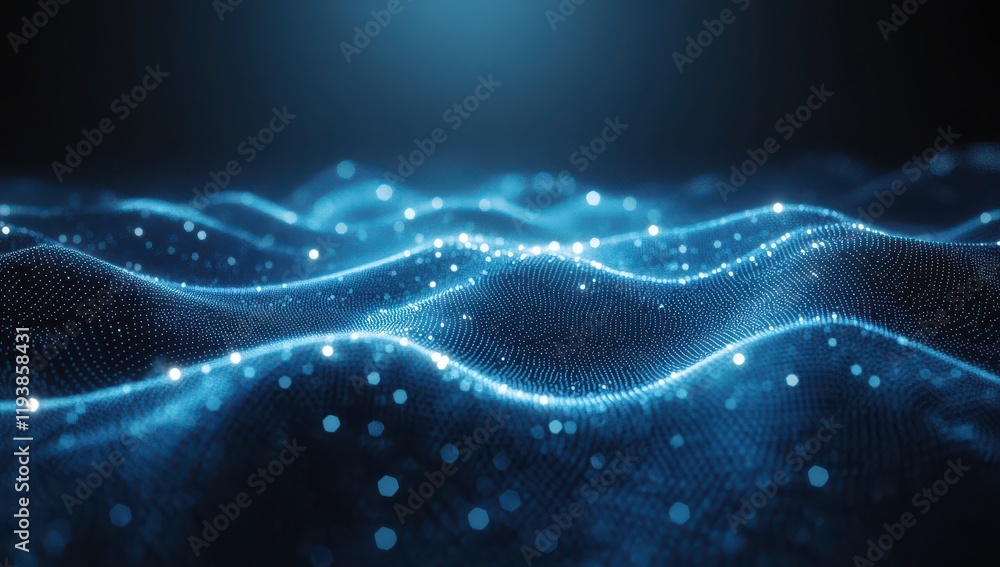 Poster abstract blue waves with sparkling particles emanating a digital vibe, representing concepts of tech