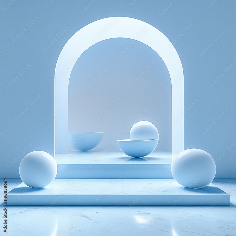 Poster minimalist abstract podium scene with floating spheres for product display in calm atmosphere