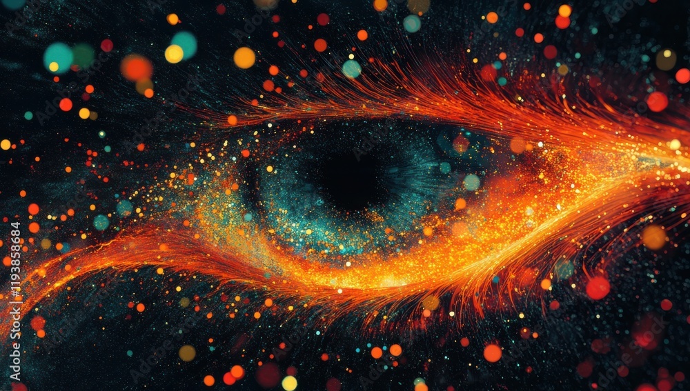 Poster abstract close-up of a colorful eye surrounded by a burst of light and floating particles, represent