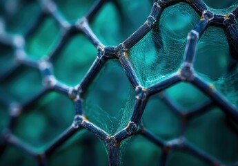 Fototapeta premium Abstract close-up image showcasing a complex structure of a honeycomb pattern with intricate details highlighting fibers and textures in vibrant shades of blue and green.