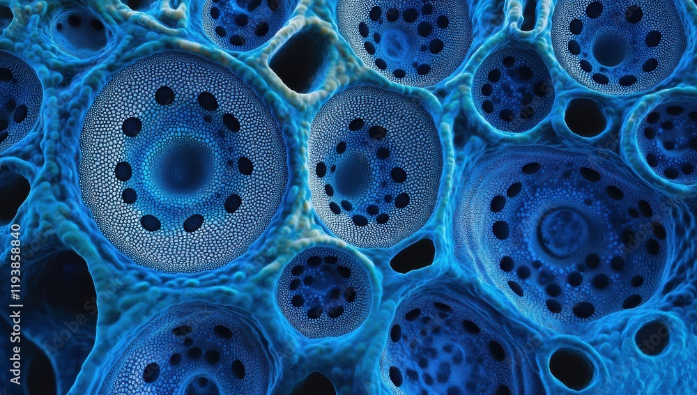 Poster abstract close-up of blue cellular structures with detailed patterns and organic shapes representing