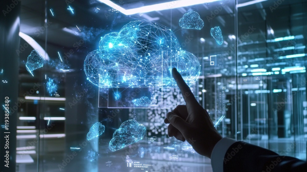 Aufkleber hand interacts with a digital brain hologram, showcasing ai and data processing in a modern server r