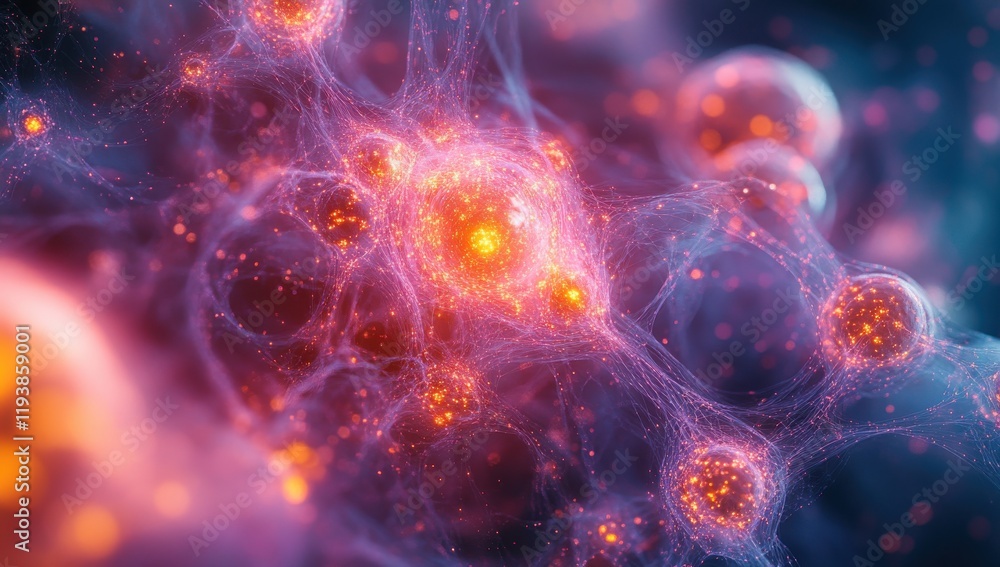 Poster abstract close-up of glowing neurons and synapses showcasing intricate connections and vibrant color
