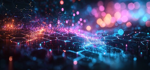 Fototapeta premium Futuristic Digital Cyberpunk Landscape with Hexagons and Nodes in Virtual Reality Collaboration