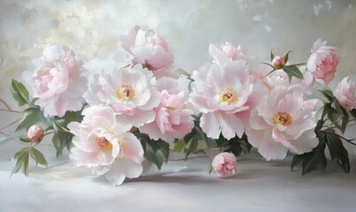 Soft pink peonies against a light gray background, garden background, flower arrangement