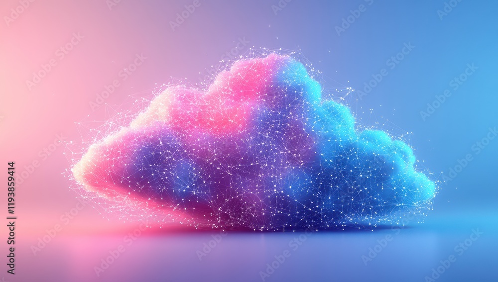 Poster abstract colorful cloud with digital particles and glowing effects, displaying a soft gradient of pi