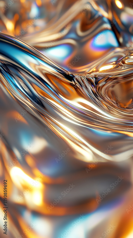 Poster vibrant holographic waves. shimmering surface in gold and silver. fluid movement with colorful refle
