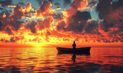 Solitary Fisherman At Sunset In A Small Boat