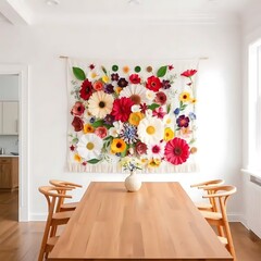 Vibrant Paper Flower Tapestry Decorates Dining Room Wall