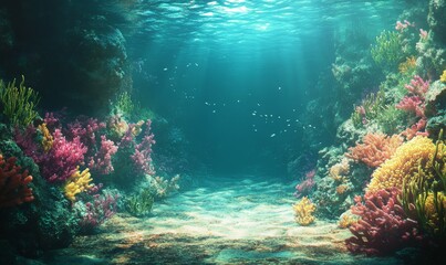 Shallow waters with vibrant coral and attached algae creating a unique underwater environment , ocean floor, aquatic landscape